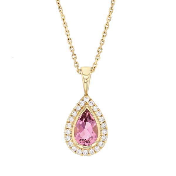 Faller pear cut pink tourmaline gemstone & diamond halo 18ct yellow gold ladies pendant with chain, 18kt, designer, handmade by Faller, Derry/ Londonderry, hand crafted, precious jewellery, jewelry