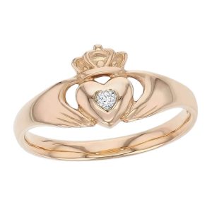 Faller Claddagh, 18ct rose gold, Irish, love, loyalty & friendship, hands, heart & crown, diamond ring, ladies