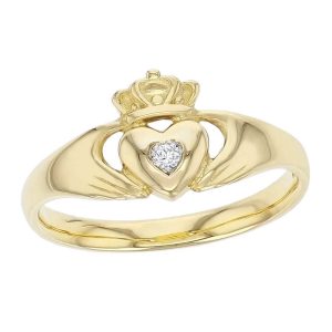 Claddagh, 18ct yellow gold, Irish, love, loyalty & friendship, hands, heart & crown, diamond ring, ladies, Faller