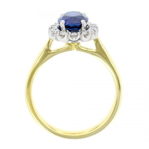 18ct yellow gold & platinum ladies oval cut blue sapphire & diamond designer cluster engagement ring designed & hand crafted by Faller of Derry/ Londonderry, halo dress ring, precious gem jewellery, jewelry