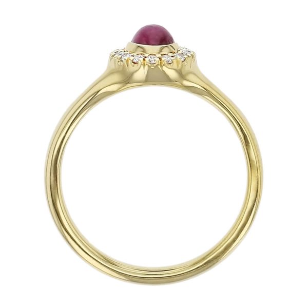 18ct yellow gold ladies oval cut cabochon ruby & diamond designer cluster ring designed & hand crafted by Faller of Derry/ Londonderry, halo dress ring, precious red gem jewellery, jewelry, cabouchon