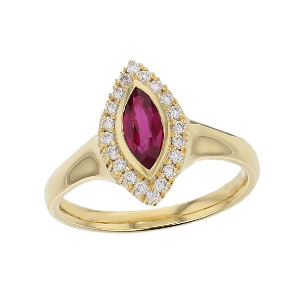 18ct yellow gold ladies marquise cut ruby & diamond designer cluster ring designed & hand crafted by Faller of Derry/ Londonderry, halo dress ring, precious red gem jewellery, jewelry, navette