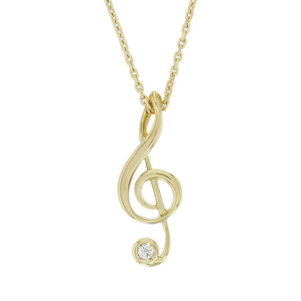 18ct yellow gold treble clef diamond pendant with chain, music note, musical, Ireland, designer handmade by Faller, hand crafted