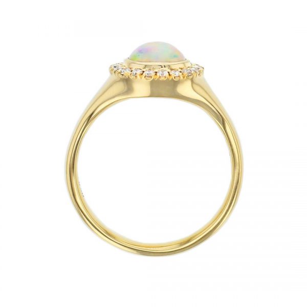 18ct yellow gold oval cut cabochon opal gemstone & diamond halo dress ring, designer jewellery, gem, jewelry, handmade by Faller, Londonderry, Northern Ireland, Irish hand crafted