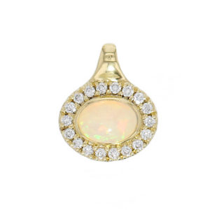 Faller oval cut cabochon opal gemstone & diamond halo 18ct yellow gold ladies pendant with chain, 18kt, designer, handmade by Faller, Derry/ Londonderry, hand crafted, precious opal gem jewellery, jewelry