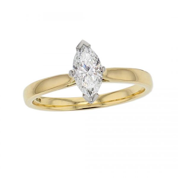 G.I.A. GIA marquise diamond solitaire engagement ring, platinum, designer, handmade by Faller, betrothal, promise, jewellery, jewelry, 18ct yellow gold, claw set