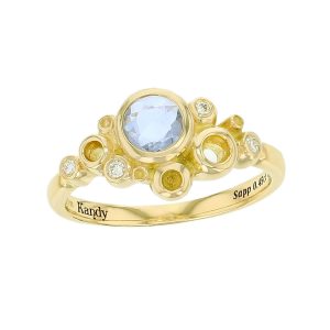 Kandy Fizz 18ct yellow gold blue round rose cut sapphire gemstone ladies dress ring, designer jewellery, gem, jewelry, handmade by Faller, Londonderry, Northern Ireland, Irish hand crafted