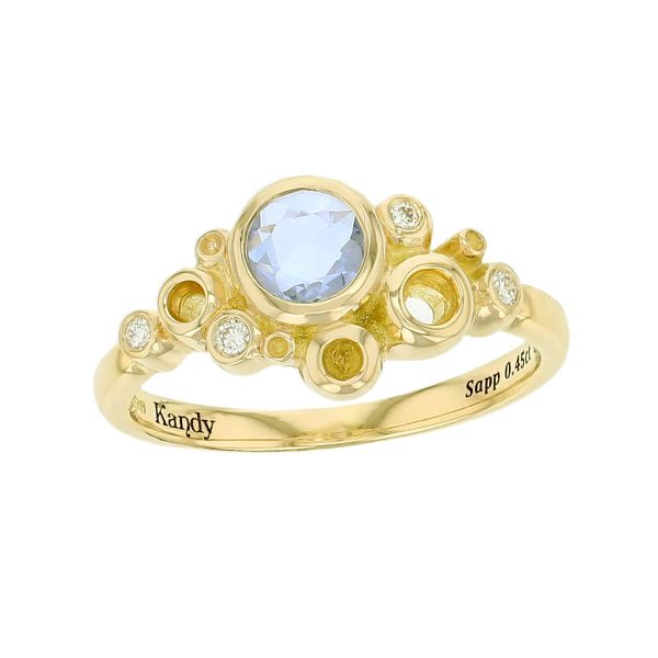 Kandy Fizz 18ct yellow gold blue round rose cut sapphire gemstone ladies dress ring, designer jewellery, gem, jewelry, handmade by Faller, Londonderry, Northern Ireland, Irish hand crafted