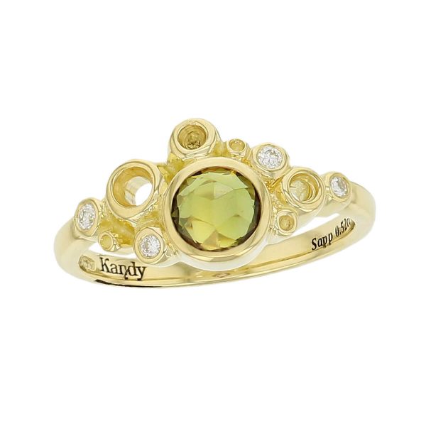 Kandy Fizz 18ct yellow gold green round rose cut sapphire gemstone ladies dress ring, designer jewellery, gem, jewelry, handmade by Faller, Londonderry, Northern Ireland, Irish hand crafted