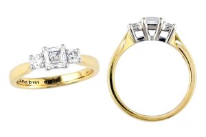 asscher cut diamond trilogy engagement ring style, designed & made by Faller the Jeweller, Derry/ Londonderry, Northern Ireland, bespoke cluster rings, custom design by Faller, platinum, three stone,