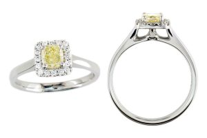 octagon cut yellow diamond halo engagement ring style, designed & made by Faller the Jeweller, Derry/ Londonderry, Northern Ireland, bespoke cluster rings, custom design by Faller