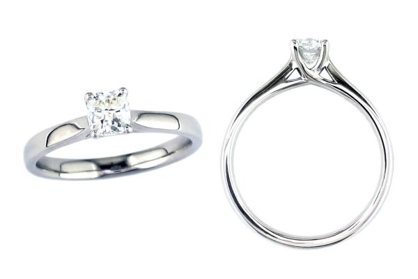 cushion cut diamond solitaire style engagement ring style, designed & made by Faller the Jeweller, Derry/ Londonderry, Northern Ireland, bespoke rings, custom design by Faller, platinum, yellow gold, single stone ring, bespoke jewellery, hand crafted jewelry