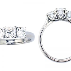 cushion cut diamond trilogy engagement ring style, designed & made by Faller the Jeweller, Derry/ Londonderry, Northern Ireland, bespoke cluster rings, custom design by Faller, platinum, three stone,