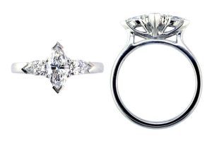 marquise cut diamond trilogy engagement ring style, designed & made by Faller the Jeweller, Derry/ Londonderry, Northern Ireland, bespoke cluster rings, custom design by Faller, platinum, three stone,