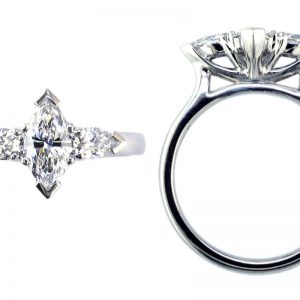 marquise cut diamond trilogy engagement ring style, designed & made by Faller the Jeweller, Derry/ Londonderry, Northern Ireland, bespoke cluster rings, custom design by Faller, platinum, three stone,
