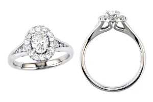 oval cut diamond halo engagement ring style, designed & made by Faller the Jeweller, Derry/ Londonderry, Northern Ireland, bespoke cluster rings, custom design by Faller