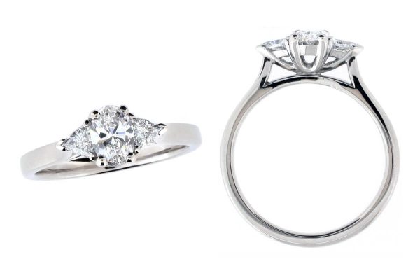 oval cut diamond trilogy engagement ring style, designed & made by Faller the Jeweller, Derry/ Londonderry, Northern Ireland, bespoke cluster rings, custom design by Faller, platinum, three stone,