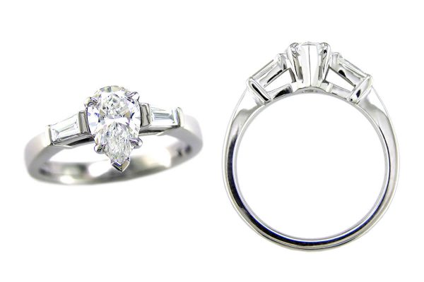 pear cut diamond trilogy engagement ring style, designed & made by Faller the Jeweller, Derry/ Londonderry, Northern Ireland, bespoke cluster rings, custom design by Faller, platinum, three stone,