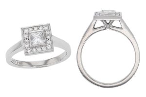 square halo style engagement ring style, designed & made by Faller the Jeweller, Derry/ Londonderry, Northern Ireland, bespoke cluster rings, custom design by Faller