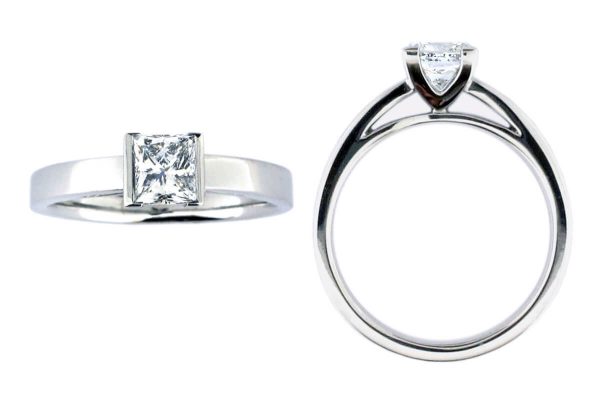 square diamond solitaire style engagement ring style, designed & made by Faller the Jeweller, Derry/ Londonderry, Northern Ireland, bespoke rings, custom design by Faller, platinum