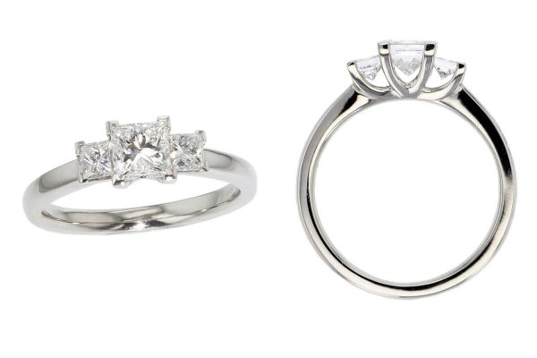 princess cut diamond trilogy engagement ring style, designed & made by Faller the Jeweller, Derry/ Londonderry, Northern Ireland, bespoke cluster rings, custom design by Faller, platinum, three stone,
