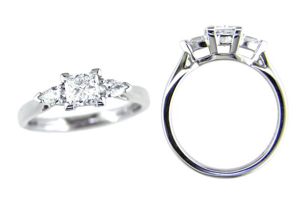 princess cut diamond trilogy engagement ring style, designed & made by Faller the Jeweller, Derry/ Londonderry, Northern Ireland, bespoke cluster rings, custom design by Faller, platinum, three stone,