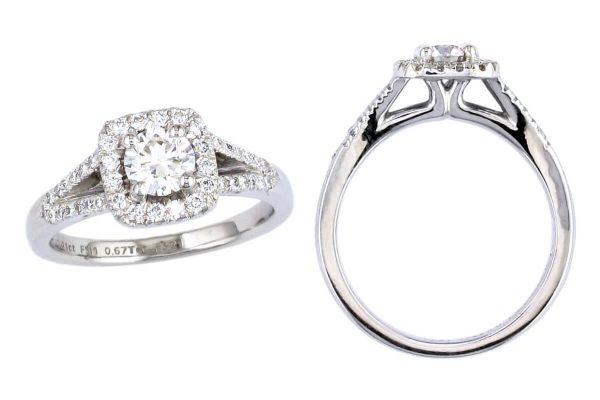 round halo multi-stone style engagement ring style, designed & made by Faller the Jeweller, Derry/ Londonderry, Northern Ireland, bespoke rings, custom design by Faller. platinum