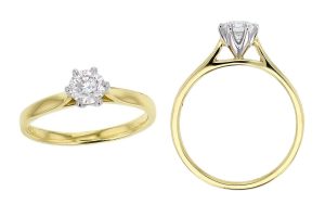 round diamond solitaire style engagement ring style, designed & made by Faller the Jeweller, Derry/ Londonderry, Northern Ireland, bespoke rings, custom design by Faller. platinum, yellow gold