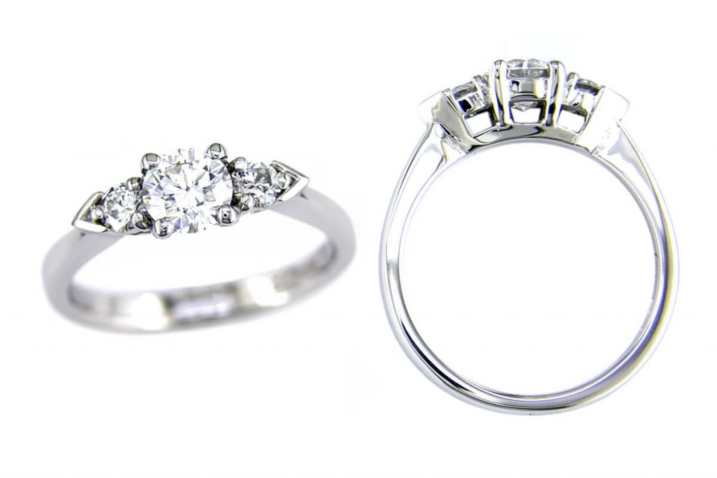 round cut diamond trilogy engagement ring style, designed & made by Faller the Jeweller, Derry/ Londonderry, Northern Ireland, bespoke cluster rings, custom design by Faller, platinum, three stone,