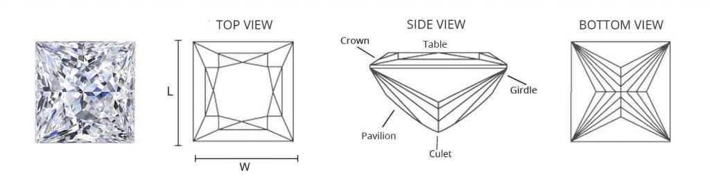 princess, square brilliant cut diamond diagram
