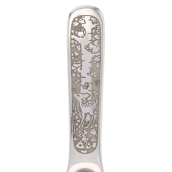 Faller baby christening spoon, solid sterling silver gift, baptism, birth record, personalised engraving, naming day gift, godparents,name, date of birth, day of birth, weight , length , time, woodland, baby deer, fairy, owl, butterfly, bird, baptismal spoon
