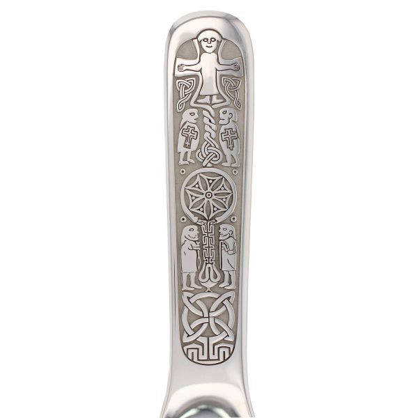 Faller baby christening spoon, solid sterling silver gift, baptism, birth record, personalised engraving, naming day gift, godparents, name, date of birth, day of birth, weight , length , time, Marigold, Carndonagh, Inishowen, Co.Donegal, Ireland, Christian, celtic weaving, cross, Christ, baptismal spoon