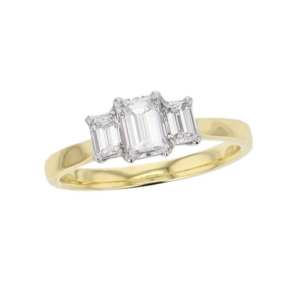 emerald cut diamond trilogy engagement ring, platinum & 18ct yellow gold designer handmade by Faller, hand crafted, betrothal, promise, precious jewellery, jewelry, GIA certified, hand crafted, G.I.A. GIA, three stone, octagon cut