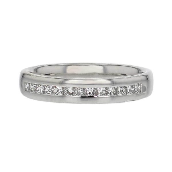 3.5mm wide platinum ladies princess cut diamond eternity ring, personalised engraving, flat profile, comfort fit, precious jewellery by Faller of Derry/ Londonderry, jewelry, channel set, off centre