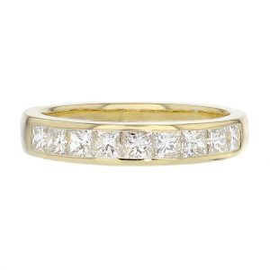 3.6mm wide 18ct yellow gold ladies princess cut diamond eternity ring, personalised engraving, court profile, comfort fit, precious jewellery by Faller of Derry/ Londonderry, jewelry, channel set, 18kt, tapered