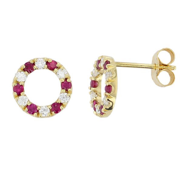 Faller Eternal Circle, round brilliant cut diamond & ruby circle 18ct yellow gold ladies stud earrings, symbol of everlasting love, eternal circle of life, wedding anniversary, celebrate birth, 18kt, designer, handmade by Faller, Derry/ Londonderry, hand crafted, precious jewellery, jewelry