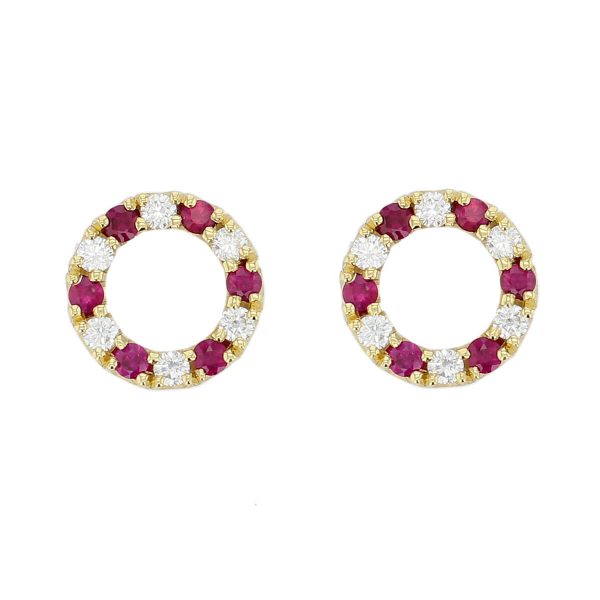 Faller Eternal Circle, round brilliant cut diamond & ruby circle 18ct yellow gold ladies stud earrings, symbol of everlasting love, eternal circle of life, wedding anniversary, celebrate birth, 18kt, designer, handmade by Faller, Derry/ Londonderry, hand crafted, precious jewellery, jewelry, red gem