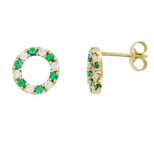 Faller Eternal Circle, round brilliant cut diamond & emerald circle 18ct yellow gold ladies stud earrings, symbol of everlasting love, eternal circle of life, wedding anniversary, celebrate birth, 18kt, designer, handmade by Faller, Derry/ Londonderry, hand crafted, precious jewellery, jewelry