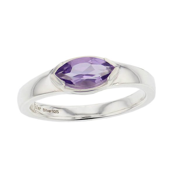 sterling silver purple marquise cut faceted amethyst gemstone dress ring, designer jewellery, quartz gem, jewelry, handmade by Faller, Londonderry, Northern Ireland, Irish hand crafted, darcy, D’arcy, navette