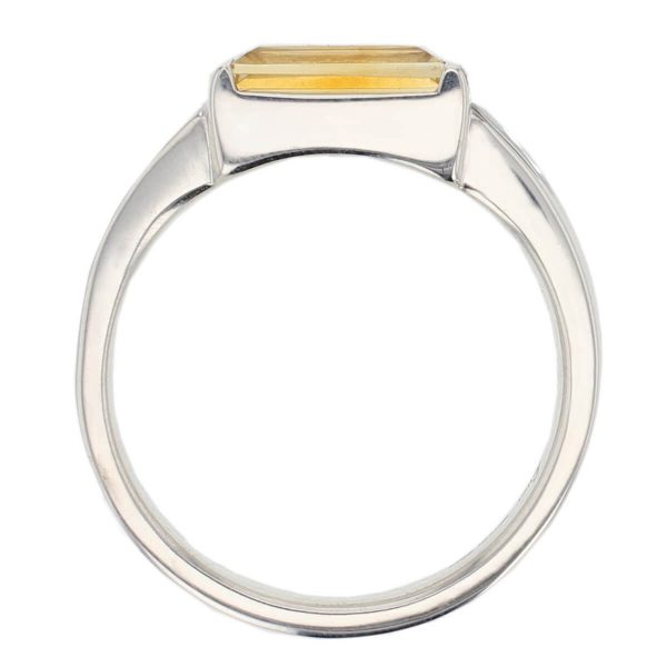 sterling silver yellow baguette cut citrine gemstone dress ring, designer jewellery, quartz gem, jewelry, handmade by Faller, Londonderry, Northern Ireland, Irish hand crafted, darcy, D’arcy, rectangle