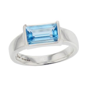 sterling silver blue baguette cut topaz gemstone dress ring, designer jewellery, gem, jewelry, handmade by Faller, Londonderry, Northern Ireland, Irish hand crafted, darcy, D'arcy