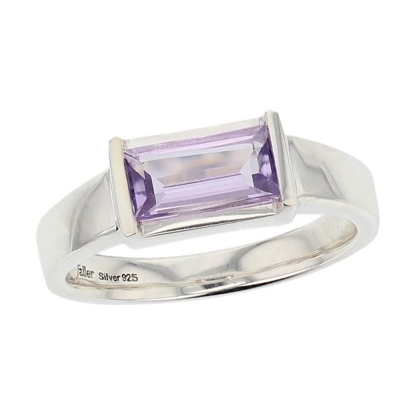 sterling silver purple baguette cut faceted amethyst gemstone dress ring, designer jewellery, quartz gem, jewelry, handmade by Faller, Londonderry, Northern Ireland, Irish hand crafted, darcy, D’arcy