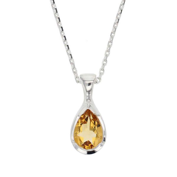 sterling silver pear cut faceted citrine gemstone pendant, designer jewellery, yellow quartz gem, jewelry, handmade by Faller, Londonderry, Northern Ireland, Irish hand crafted, darcy, D’arcy
