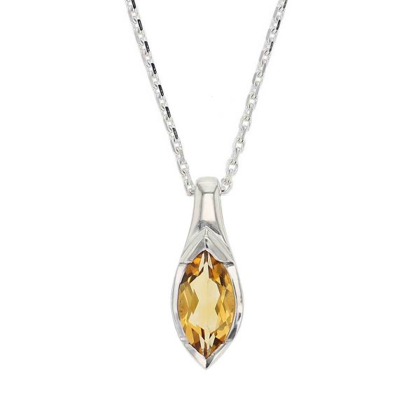 sterling silver marquise cut faceted citrine gemstone pendant, designer jewellery, yellow orange quartz gem, jewelry, handmade by Faller, Londonderry, Northern Ireland, Irish hand crafted, darcy, D’arcy, navette