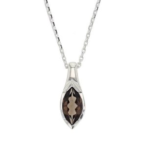 sterling silver marquise cut faceted smoky quartz gemstone pendant, designer jewellery, brown gem, jewelry, handmade by Faller, Londonderry, Northern Ireland, Irish hand crafted, darcy, D’arcy, smokey, navette