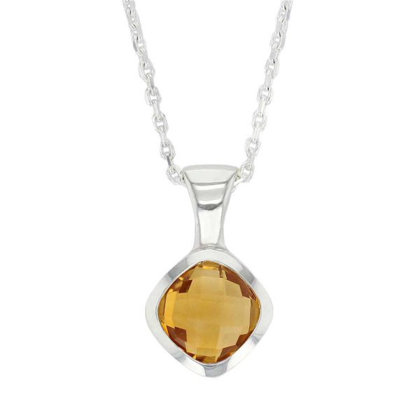 sterling silver cushion cut faceted citrine gemstone pendant, designer jewellery, yellow quartz gem, jewelry, handmade by Faller, Londonderry, Northern Ireland, Irish hand crafted, darcy, D’arcy, checquerboard