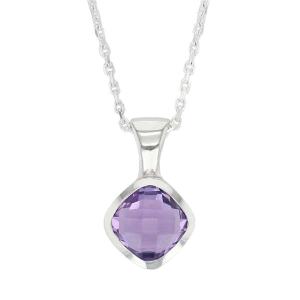 sterling silver purple cushion cut faceted amethyst gemstone pendant, designer jewellery, quartz gem, jewelry, handmade by Faller, Londonderry, Northern Ireland, Irish hand crafted, darcy, D’arcy, checquerboard