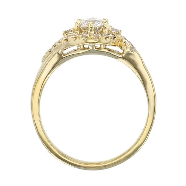 round brilliant cut diamond, twist crossover halo cluster 18ct yellow gold engagement ring, designer, handmade by Faller, hand crafted, betrothal, promise, precious jewellery, jewelry, hand crafted dress ring, multistone, GIA certified, G.I.A. GIA