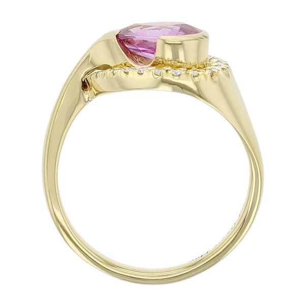 18ct yellow gold ladies pear cut pink sapphire & diamond designer cluster ring designed & hand crafted by Faller of Derry/ Londonderry, halo dress ring, precious gem jewellery, jewelry