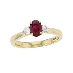 alternative engagement ring, 18ct yellow gold round brilliant cut diamond & oval cut ruby trilogy ring designer three stone dress ring handmade by Faller, hand crafted, precious jewellery, jewelry, ladies , woman